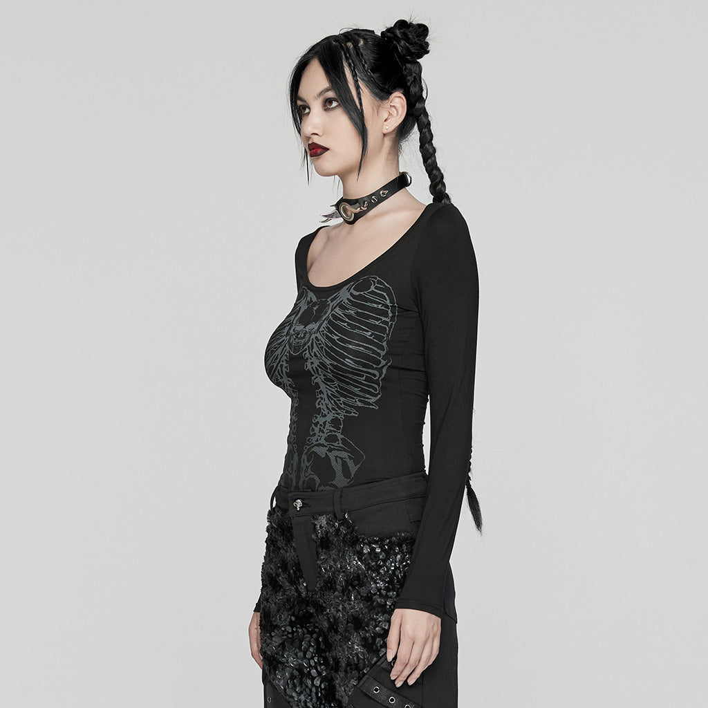 WT-945TCF Gothic Skeleton Backbone Chain Punk Long Sleeve T-Shirt?-??Punk Rave Clothing