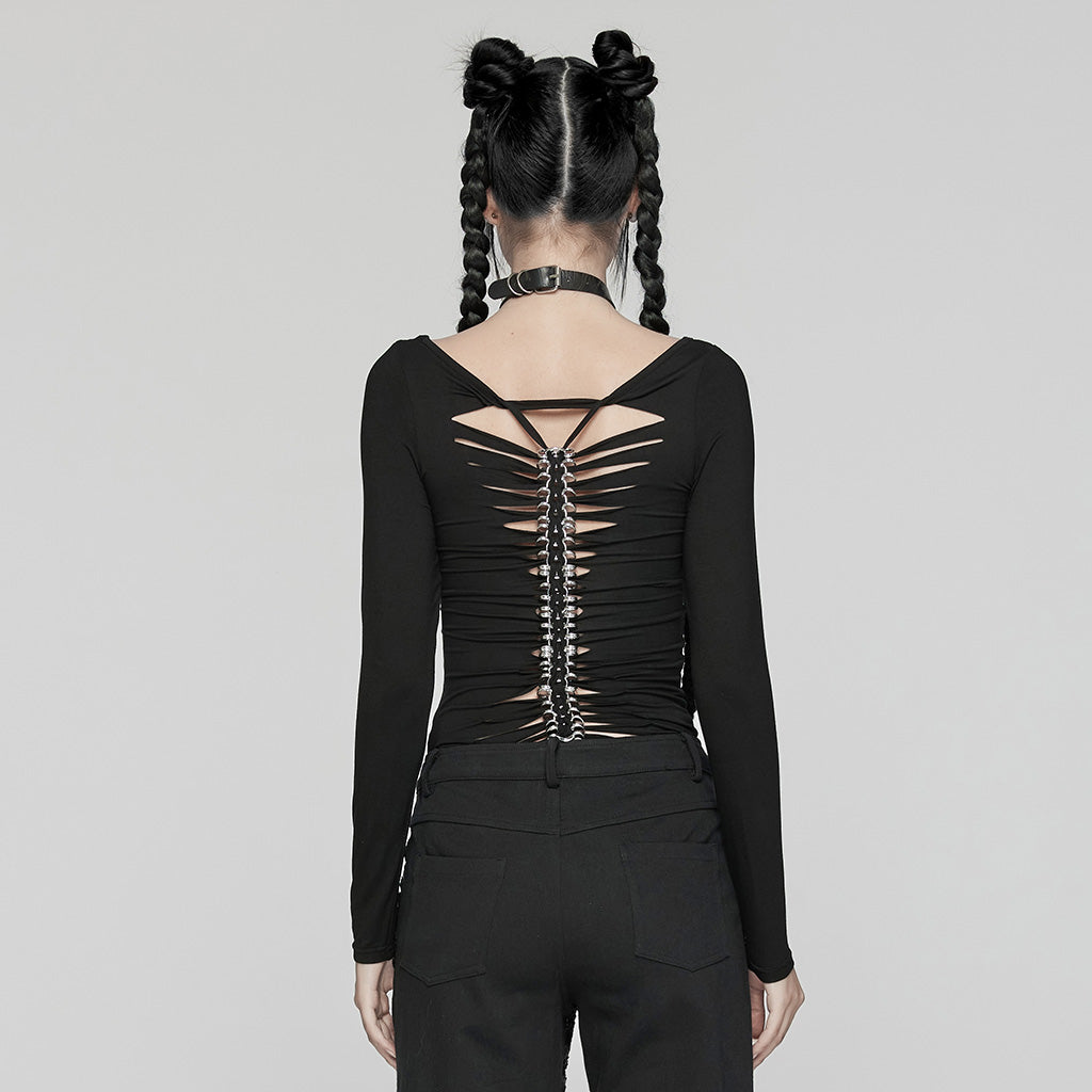 WT-945TCF Gothic Skeleton Backbone Chain Punk Long Sleeve T-Shirt?-??Punk Rave Clothing