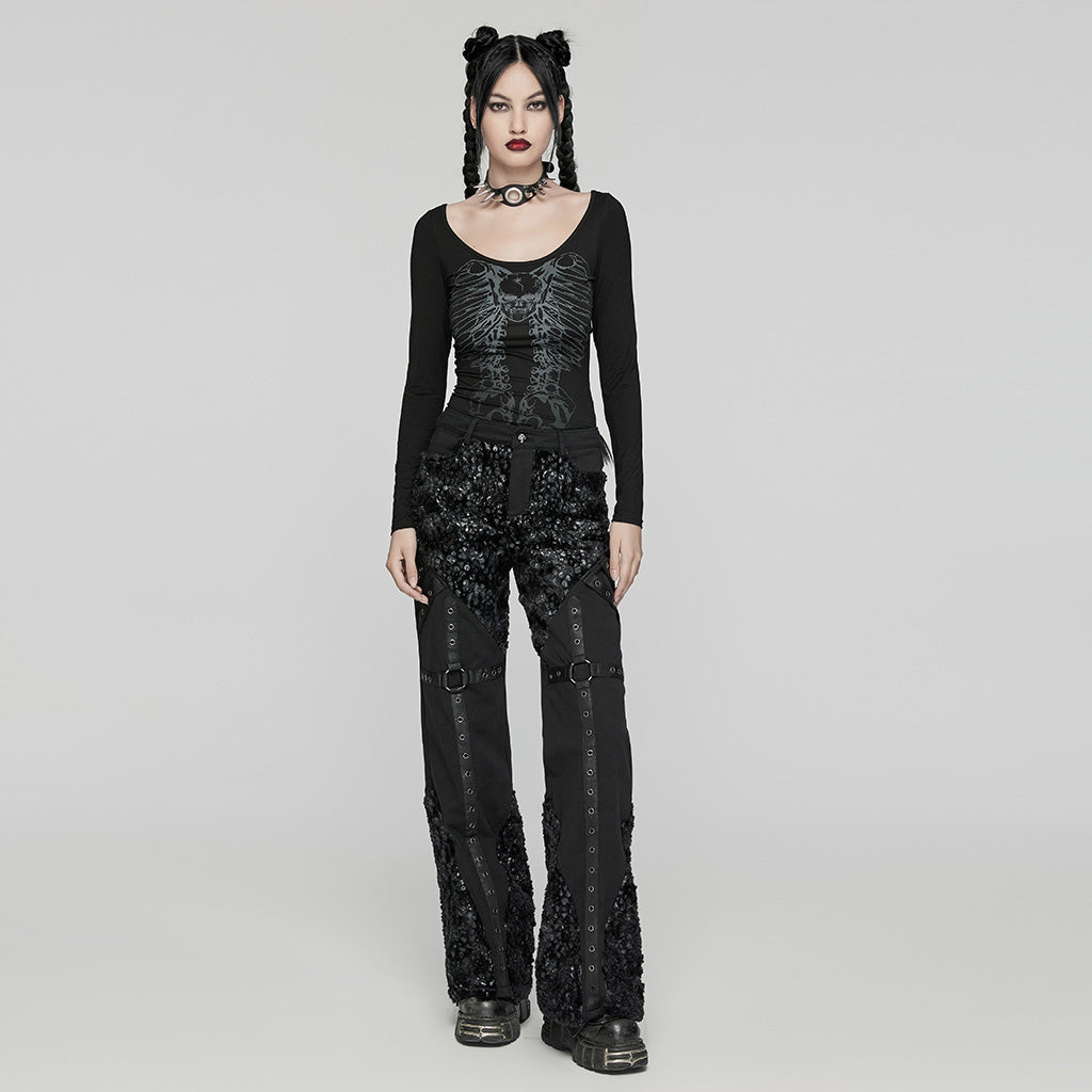 WT-945TCF Gothic Skeleton Backbone Chain Punk Long Sleeve T-Shirt?-??Punk Rave Clothing