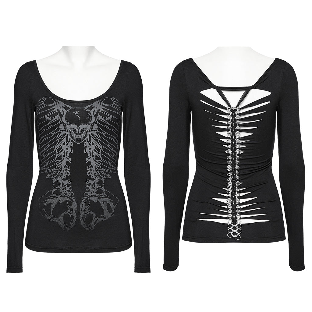 WT-945TCF Gothic Skeleton Backbone Chain Punk Long Sleeve T-Shirt?-??Punk Rave Clothing