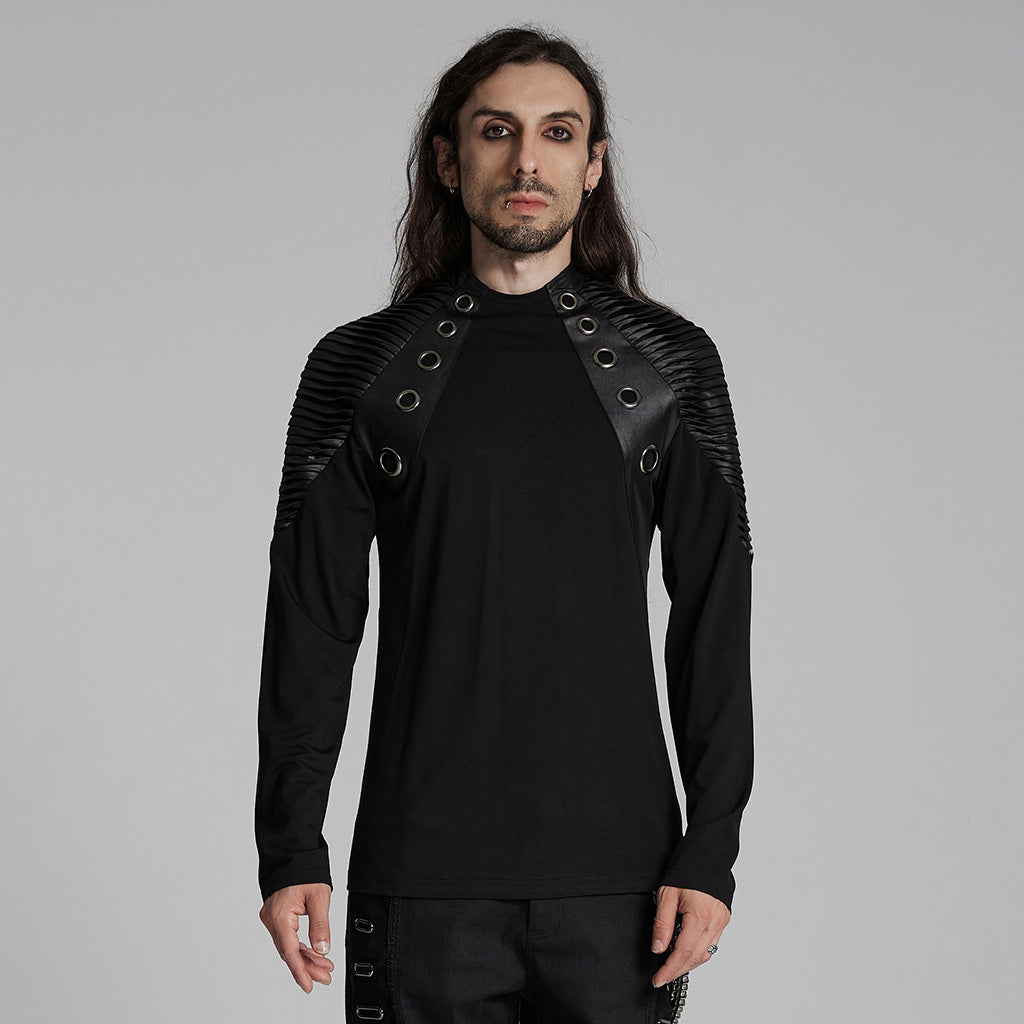 WT-946TCM Gothic Leather Accent Slashed Sleeve Punk T-Shirt?-??Punk Rave Clothing