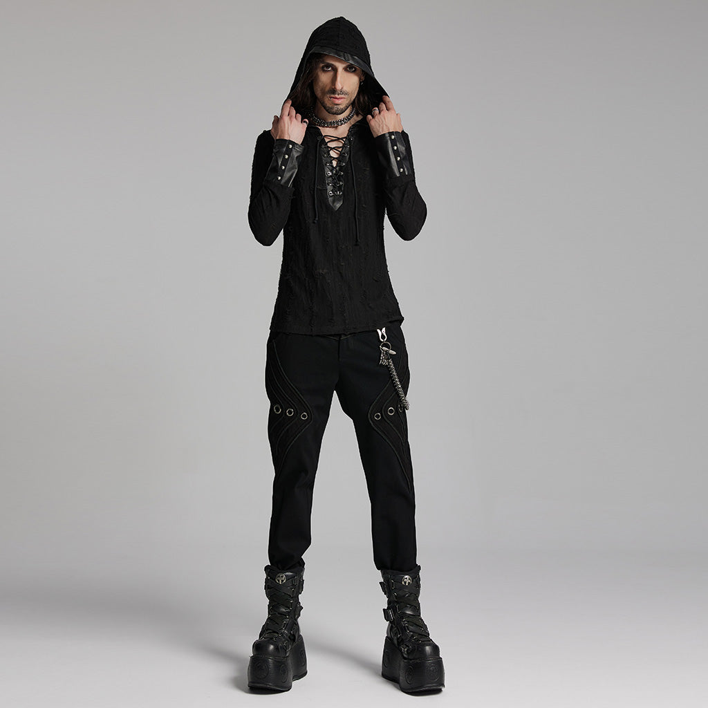 WT-948DQM Gothic Lace-Up Hooded Punk T-Shirt Long Sleeve Black?-??Punk Rave Clothing
