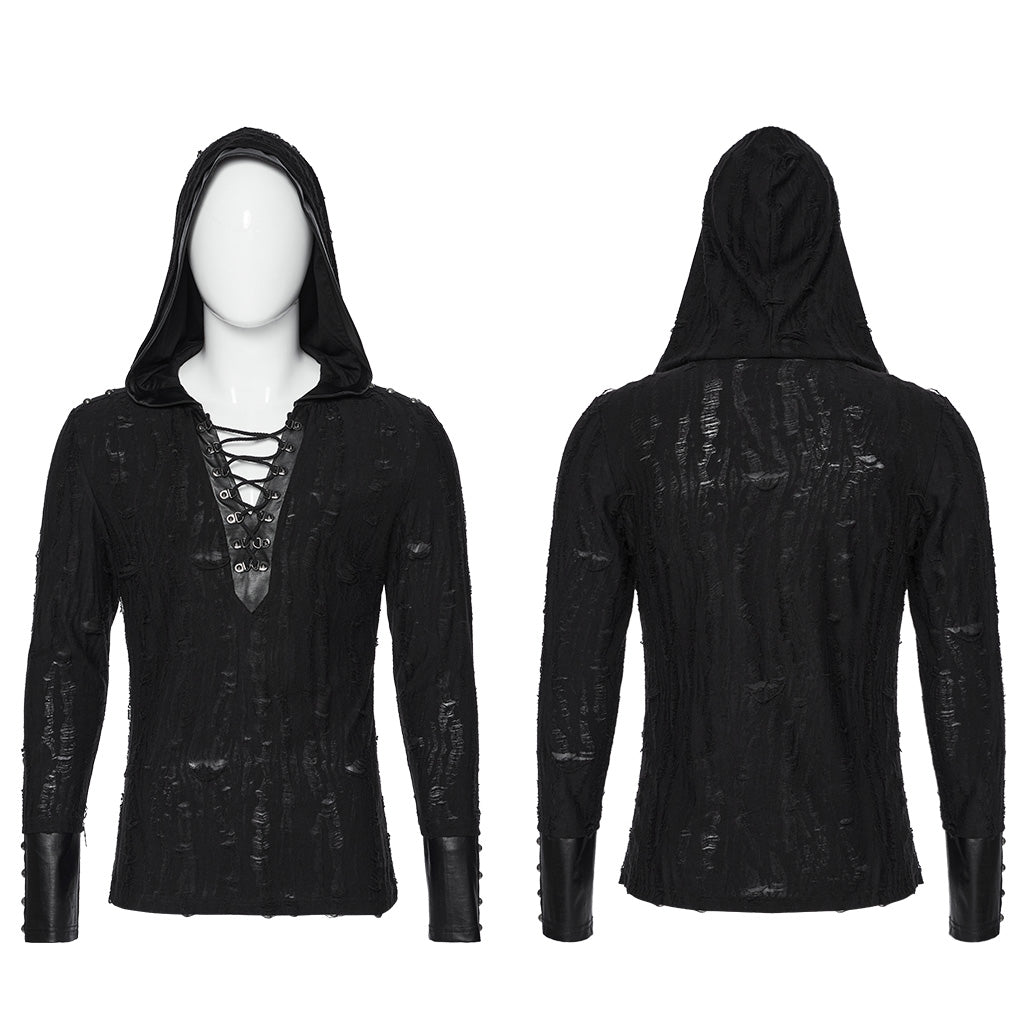 WT-948DQM Gothic Lace-Up Hooded Punk T-Shirt Long Sleeve Black?-??Punk Rave Clothing
