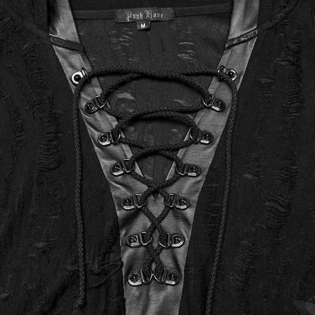 WT-948DQM Gothic Lace-Up Hooded Punk T-Shirt Long Sleeve Black?-??Punk Rave Clothing
