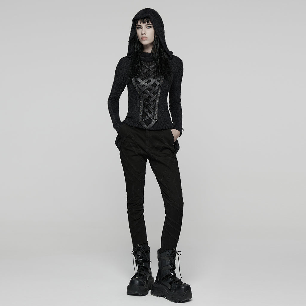 WT-958TCF Gothic Lace-Up Hooded Punk T-Shirt Long Sleeve Top