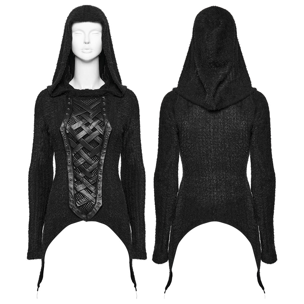 WT-958TCF Gothic Lace-Up Hooded Punk T-Shirt Long Sleeve Top