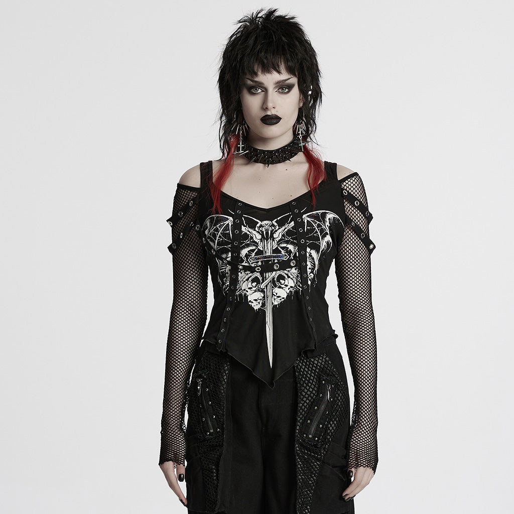 WT-976TCF Gothic Mesh Sleeve Punk T-Shirts with Skull Design
