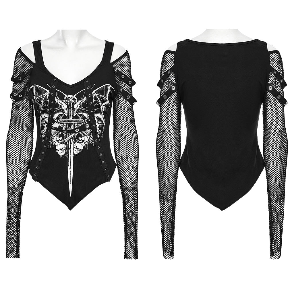 WT-976TCF Gothic Mesh Sleeve Punk T-Shirts with Skull Design