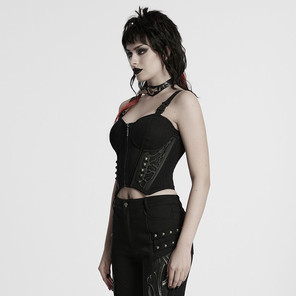 WT-982BXF Gothic Steampunk Punk Vest Strap Corset Black Zipper Bustier Top