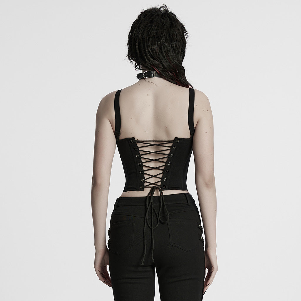WT-982BXF Gothic Steampunk Punk Vest Strap Corset Black Zipper Bustier Top