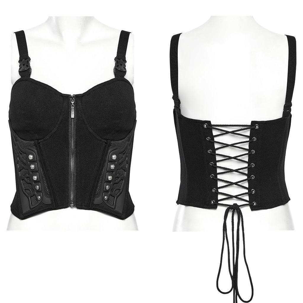 WT-982BXF Gothic Steampunk Punk Vest Strap Corset Black Zipper Bustier Top