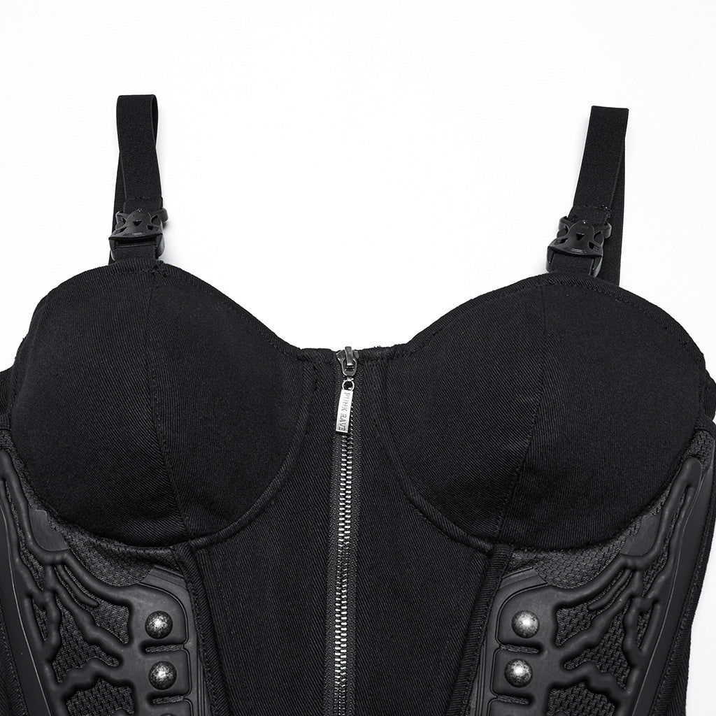 WT-982BXF Gothic Steampunk Punk Vest Strap Corset Black Zipper Bustier Top