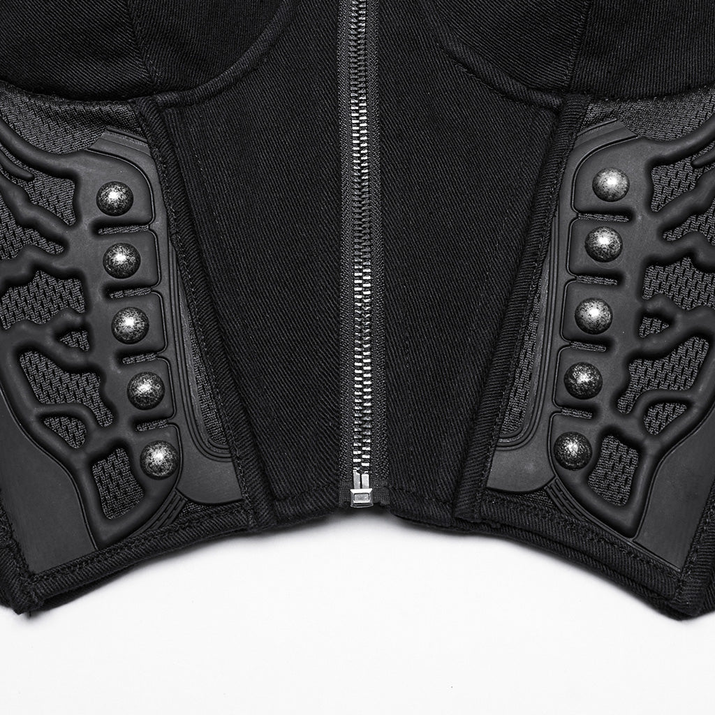 WT-982BXF Gothic Steampunk Punk Vest Strap Corset Black Zipper Bustier Top