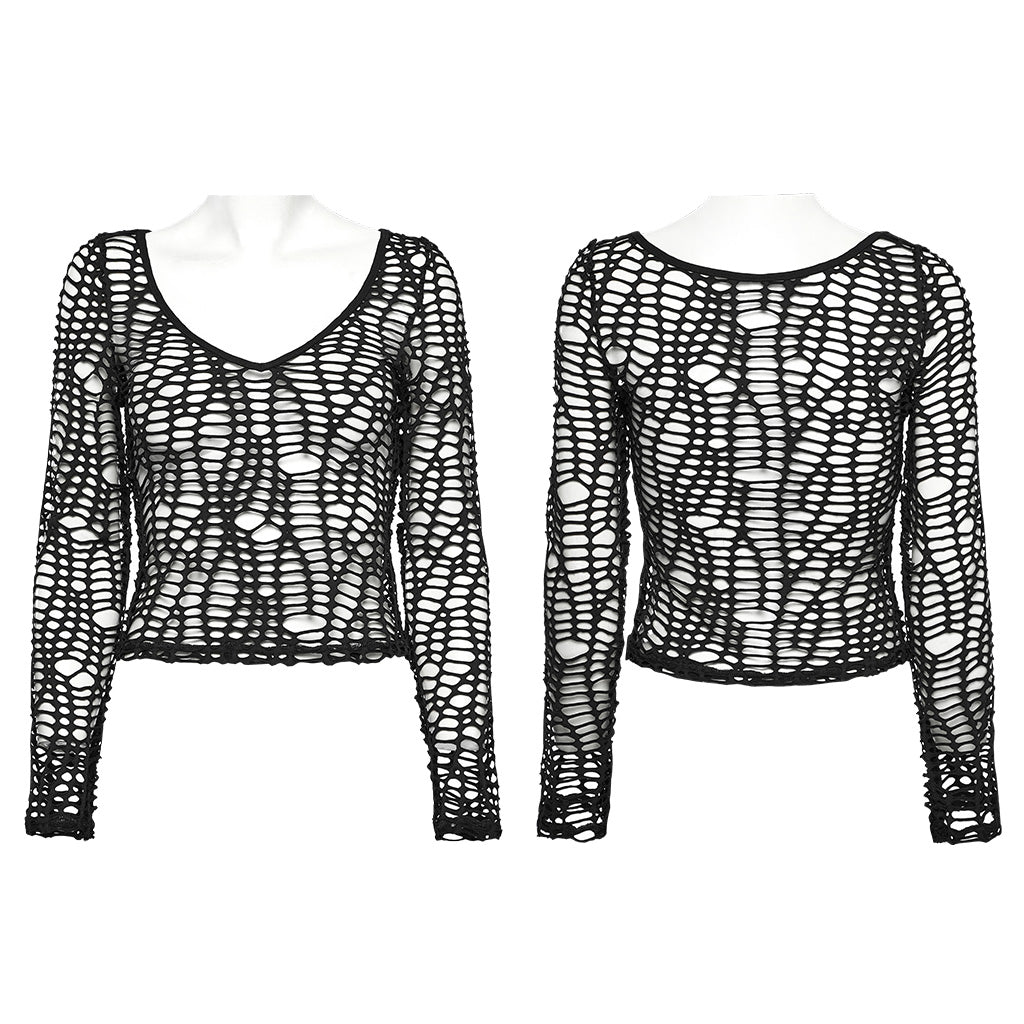 WT-985TCF Edgy Fishnet Punk T-Shirt Gothic Mesh Long Sleeve Top