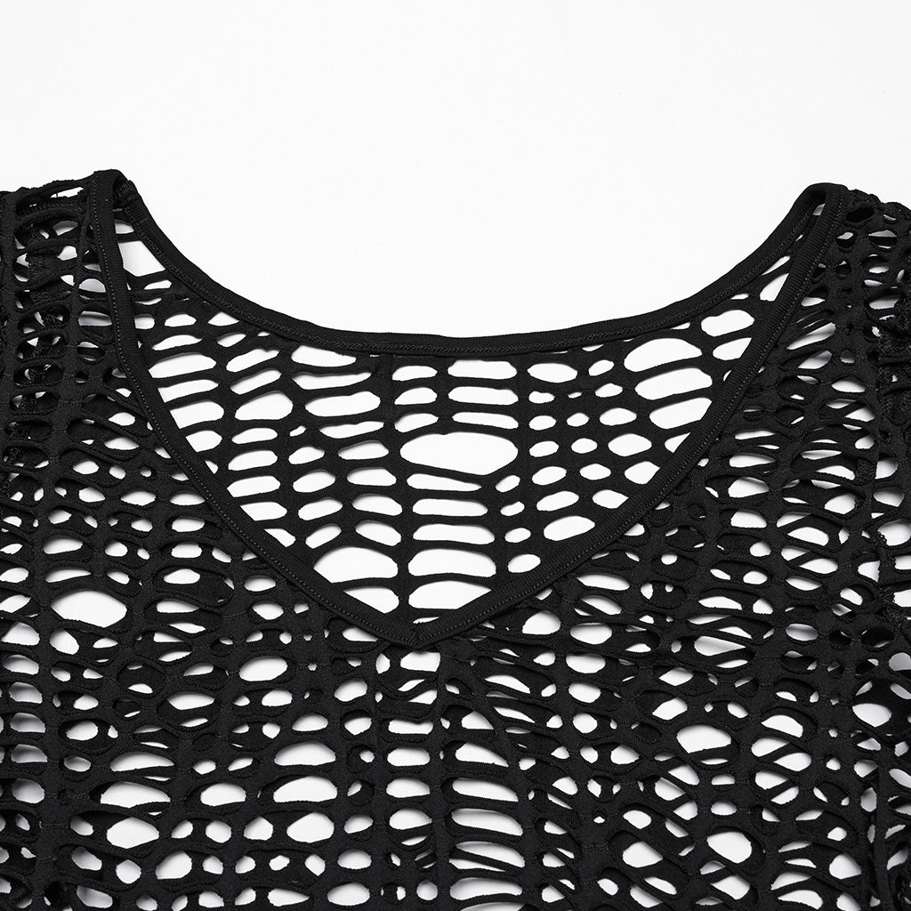 WT-985TCF Edgy Fishnet Punk T-Shirt Gothic Mesh Long Sleeve Top