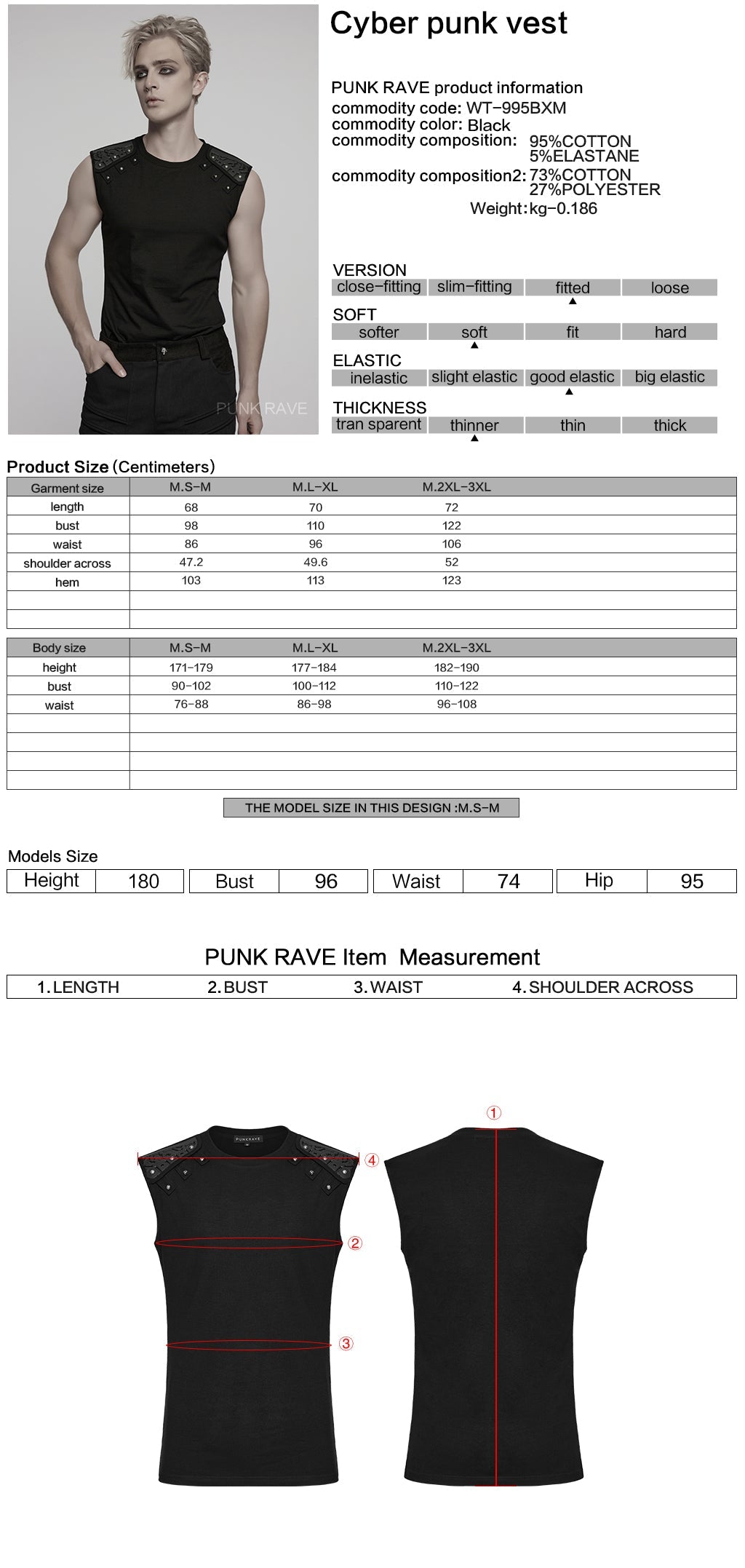 WT-995BXM Mens Studded Shoulder Punk Vests Black Sleeveless Top