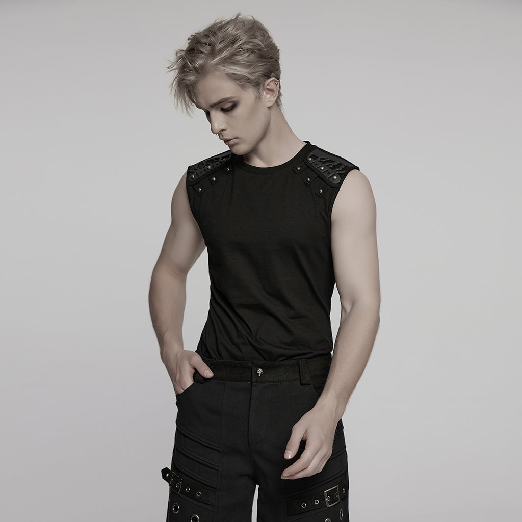 WT-995BXM Mens Studded Shoulder Punk Vests Black Sleeveless Top