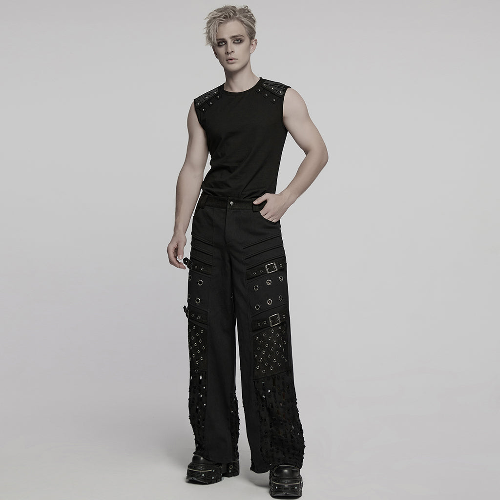 WT-995BXM Mens Studded Shoulder Punk Vests Black Sleeveless Top