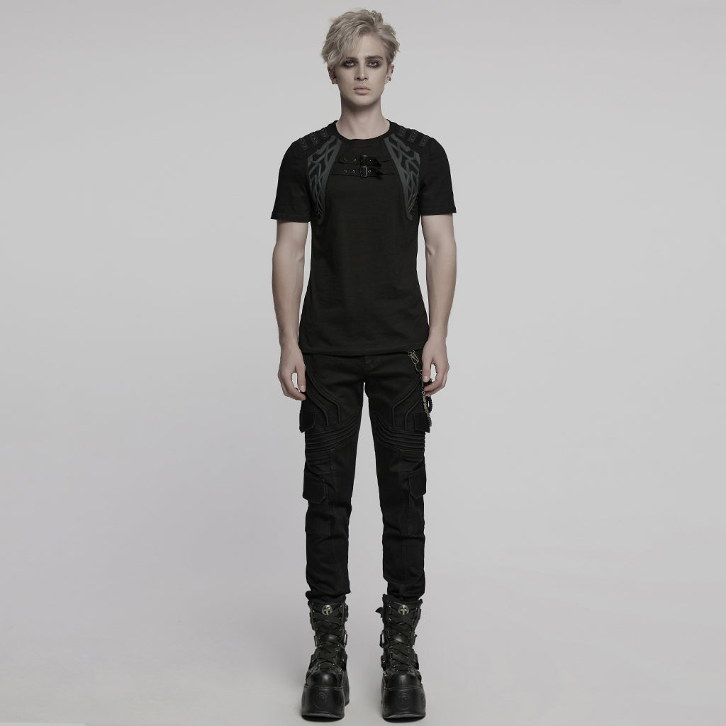 WT-996TDM Edgy Buckle Accent Punk T-Shirts with Shoulder Details