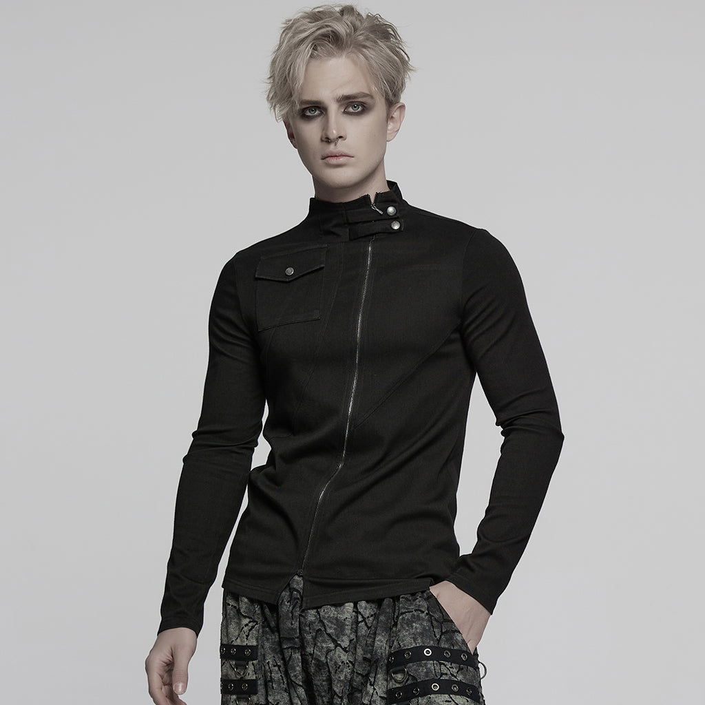 WT-998TCM Edgy Asymmetric Zip Punk T-Shirts with Military Collar