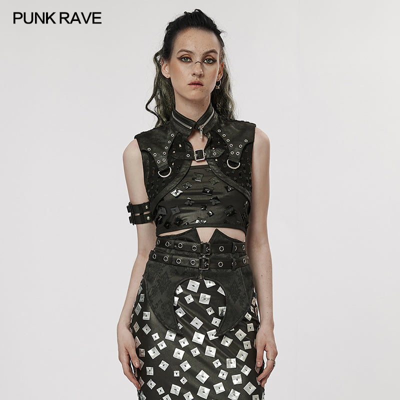 WY-1388XDF Punk Rave Punk Shoulder Shrug Studded Harness Bolero Gothic Crop Vest