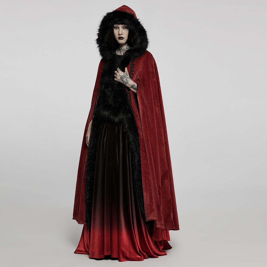 WY-1423DPF Elegant Gothic Faux Fur Hooded Cloak Long Coat?-??Punk Rave Clothing