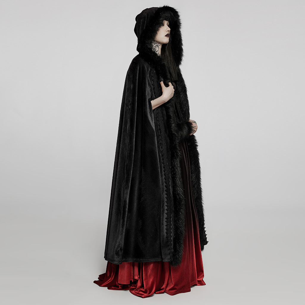 WY-1423DPF Elegant Gothic Faux Fur Hooded Cloak Long Coat