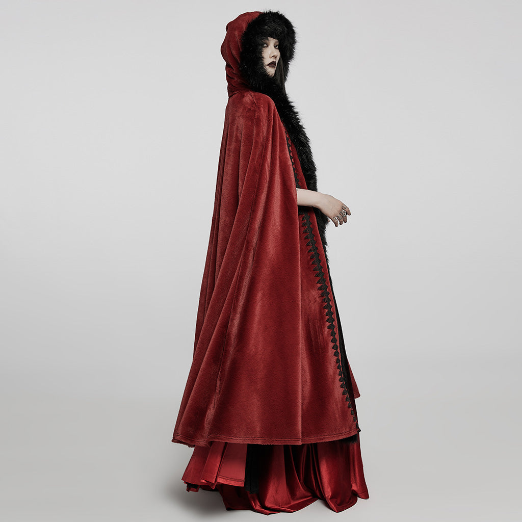 WY-1423DPF Elegant Gothic Faux Fur Hooded Cloak Long Coat?-??Punk Rave Clothing