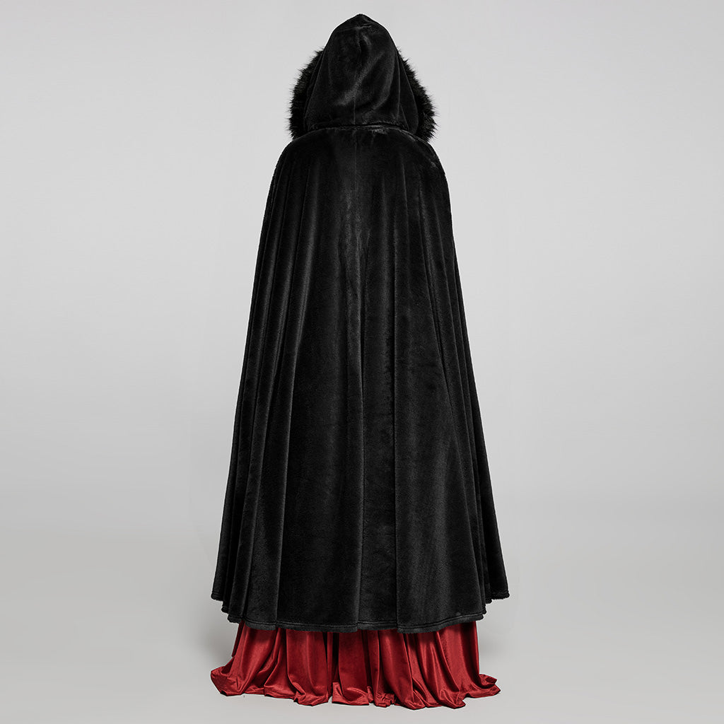 WY-1423DPF Elegant Gothic Faux Fur Hooded Cloak Long Coat