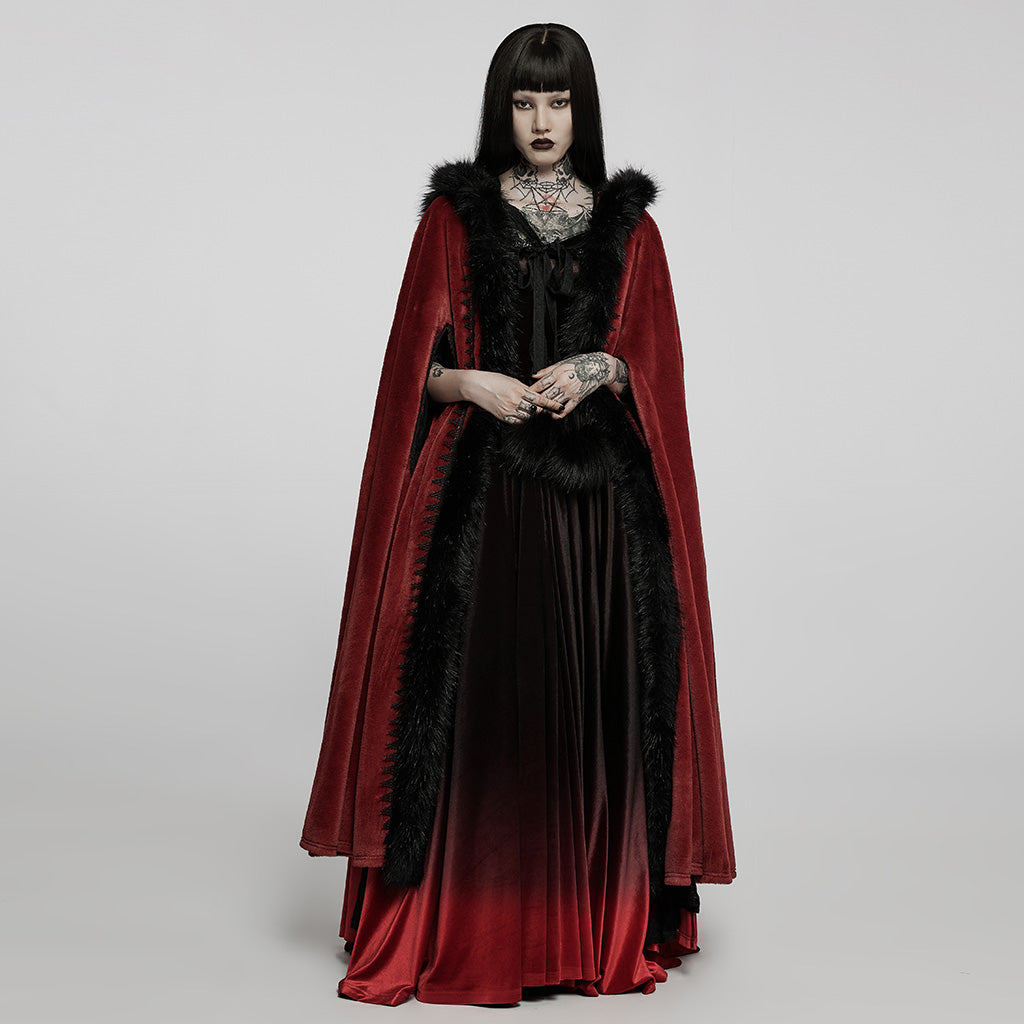 WY-1423DPF Elegant Gothic Faux Fur Hooded Cloak Long Coat?-??Punk Rave Clothing