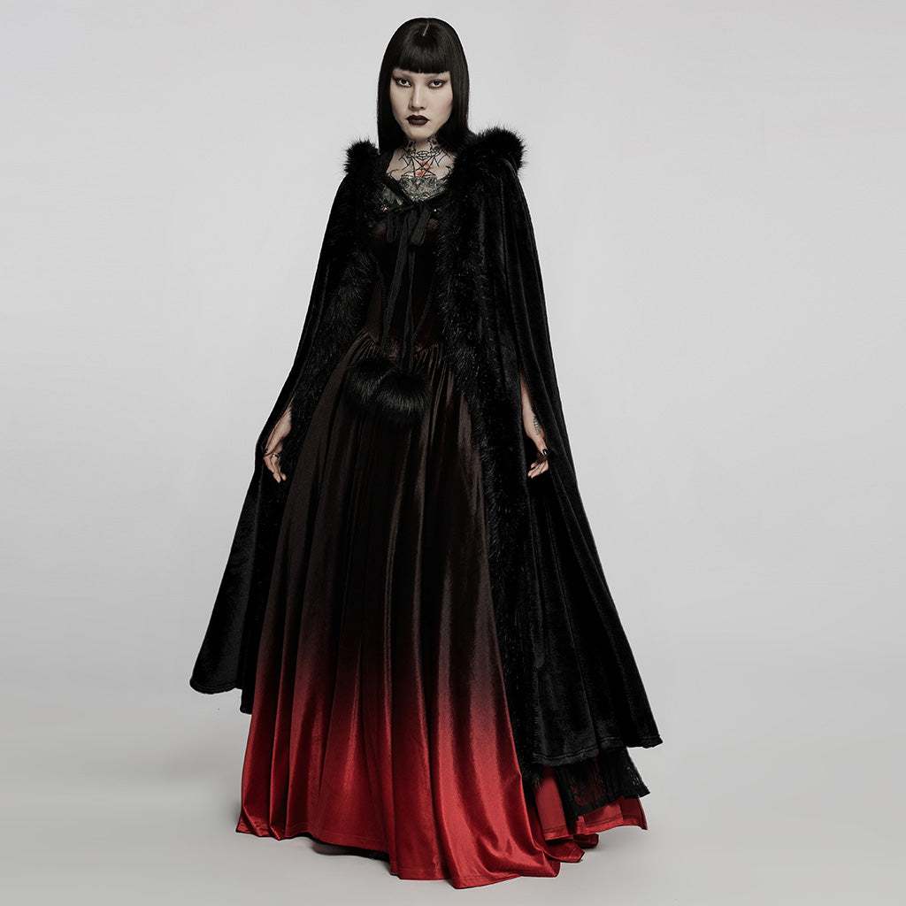 WY-1423DPF Elegant Gothic Faux Fur Hooded Cloak Long Coat?-??Punk Rave Clothing