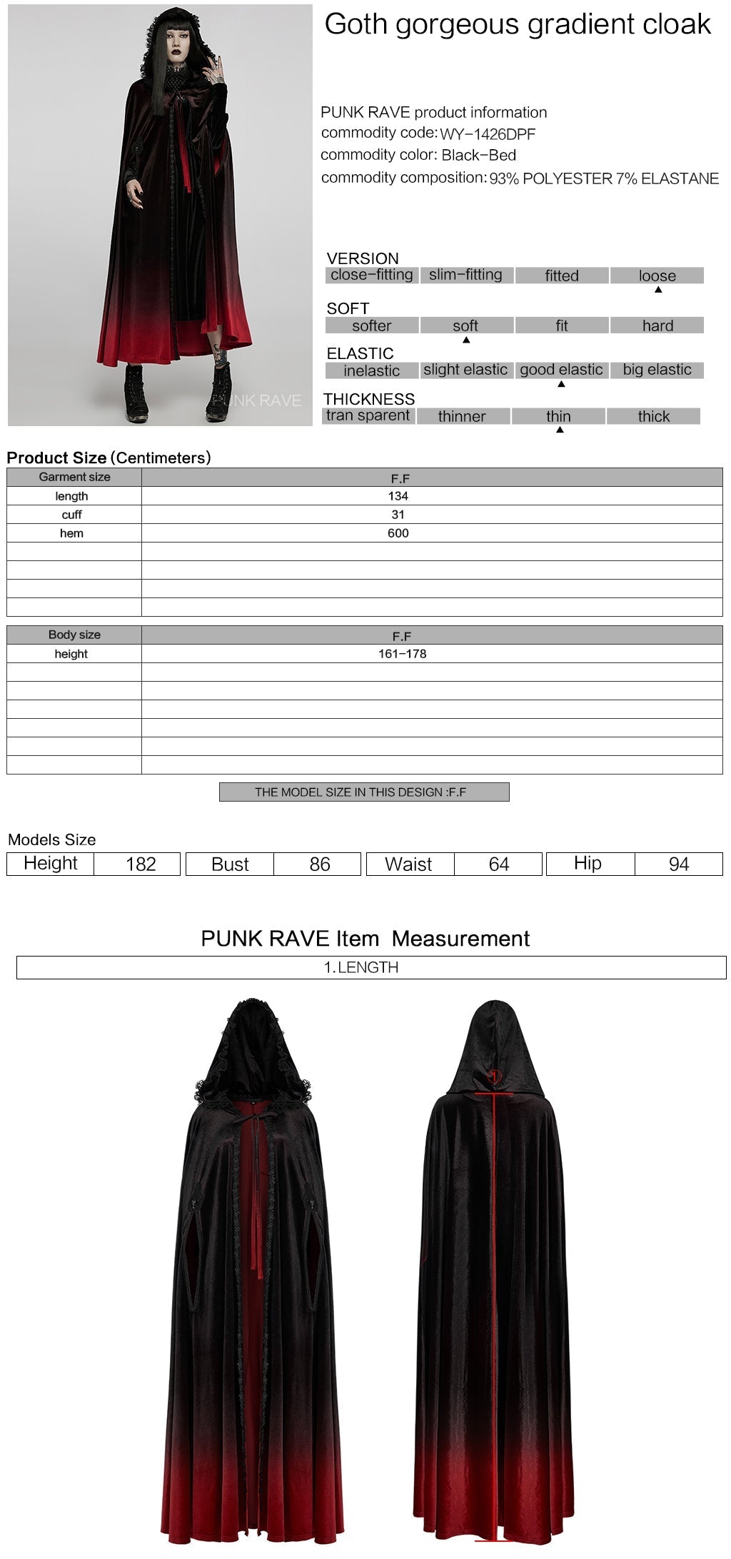 WY-1426DPF Velvet Gradient Hooded Gothic Coat With Lace Trim Detailing?-??Punk Rave Clothing