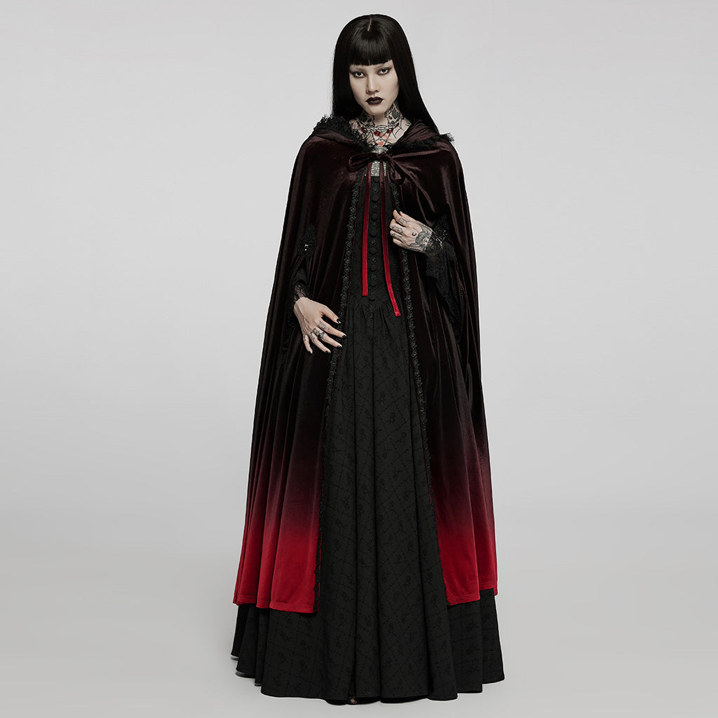 WY-1426DPF Velvet Gradient Hooded Gothic Coat With Lace Trim Detailing?-??Punk Rave Clothing