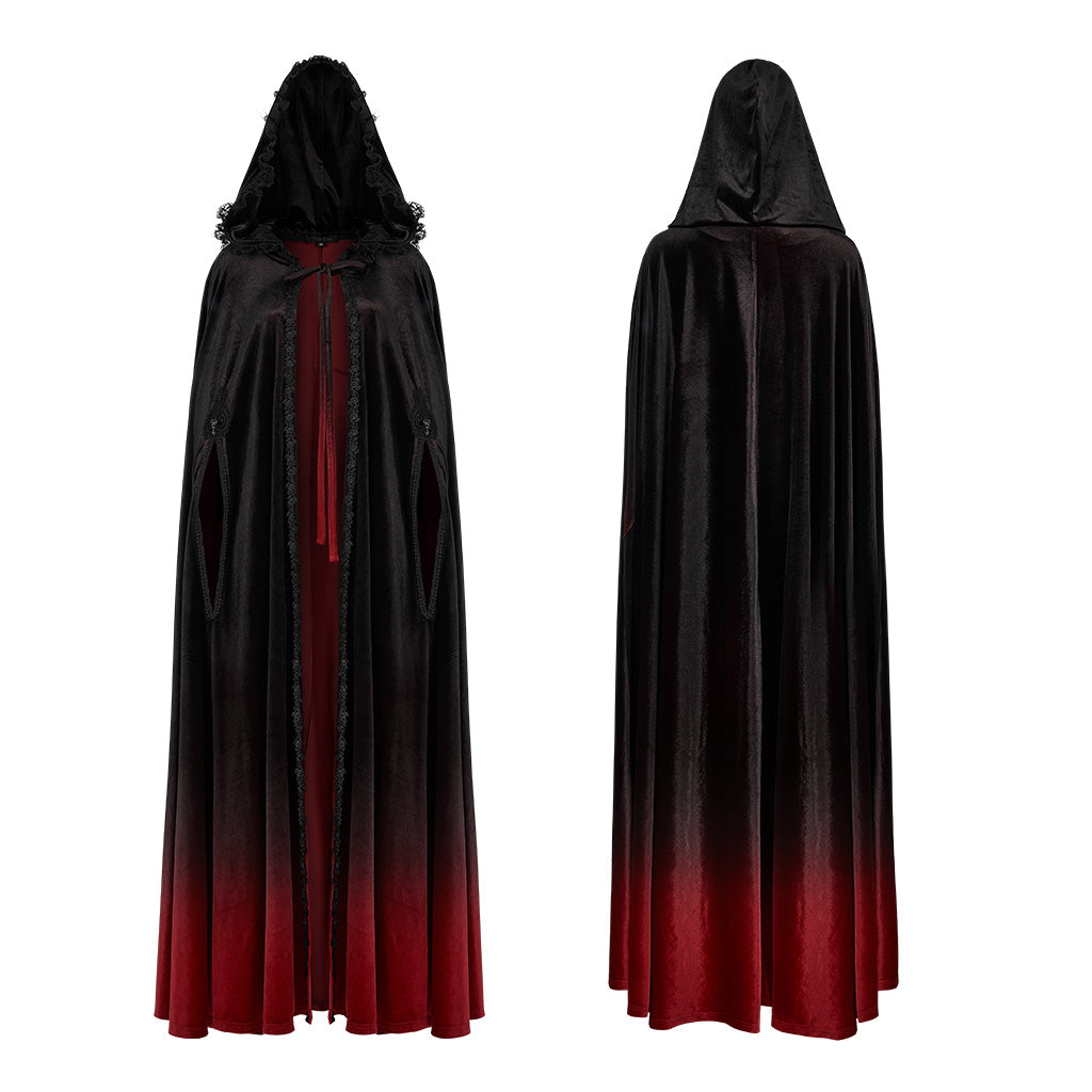 WY-1426DPF Velvet Gradient Hooded Gothic Coat With Lace Trim Detailing?-??Punk Rave Clothing