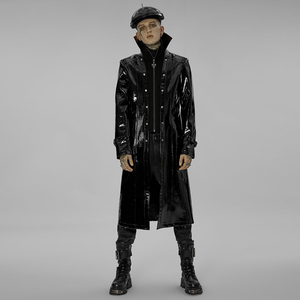 WY-1447DQM Gothic Patent Leather Long Coat With High Collar Style?-??Punk Rave Clothing