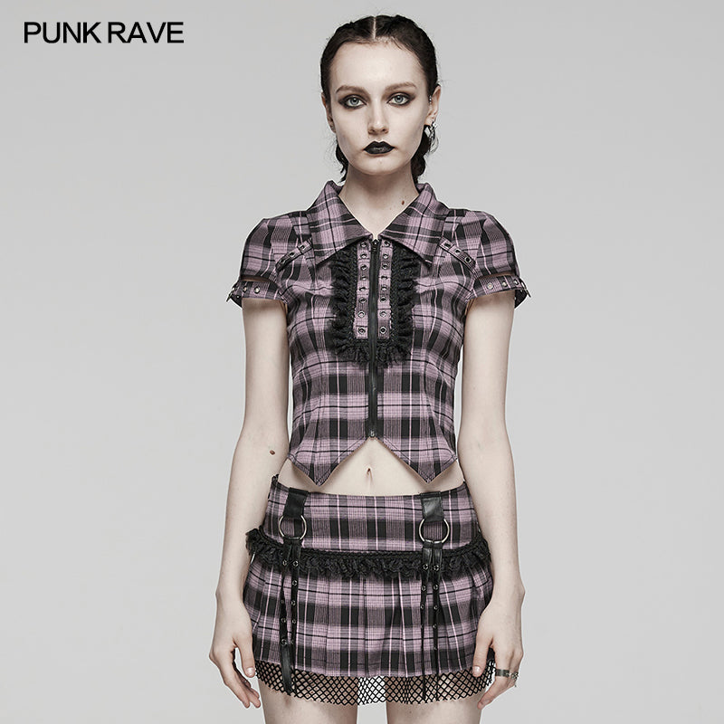 WY-1460DQF Punk Rave Gothic T-Shirt Plaid Crop Top with Studded Details