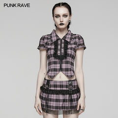 WY-1460DQF Punk Rave Gothic T-Shirt Plaid Crop Top with Studded Details