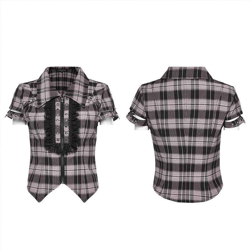WY-1460DQF Punk Rave Gothic T-Shirt Plaid Crop Top with Studded Details?-??Punk Rave Clothing