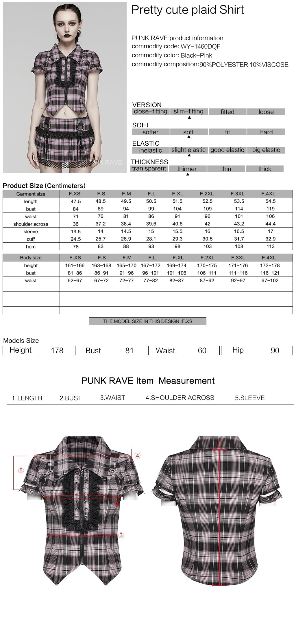 WY-1460DQF Punk Rave Gothic T-Shirt Plaid Crop Top with Studded Details?-??Punk Rave Clothing