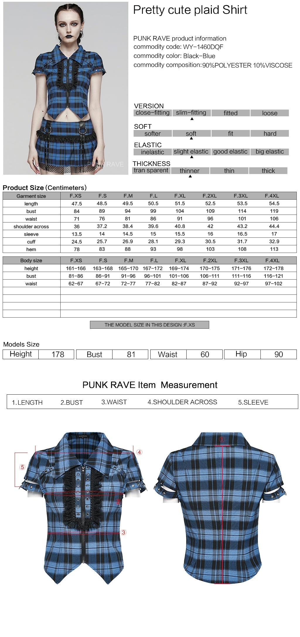 WY-1460DQF Punk Rave Gothic T-Shirt Plaid Crop Top with Studded Details?-??Punk Rave Clothing