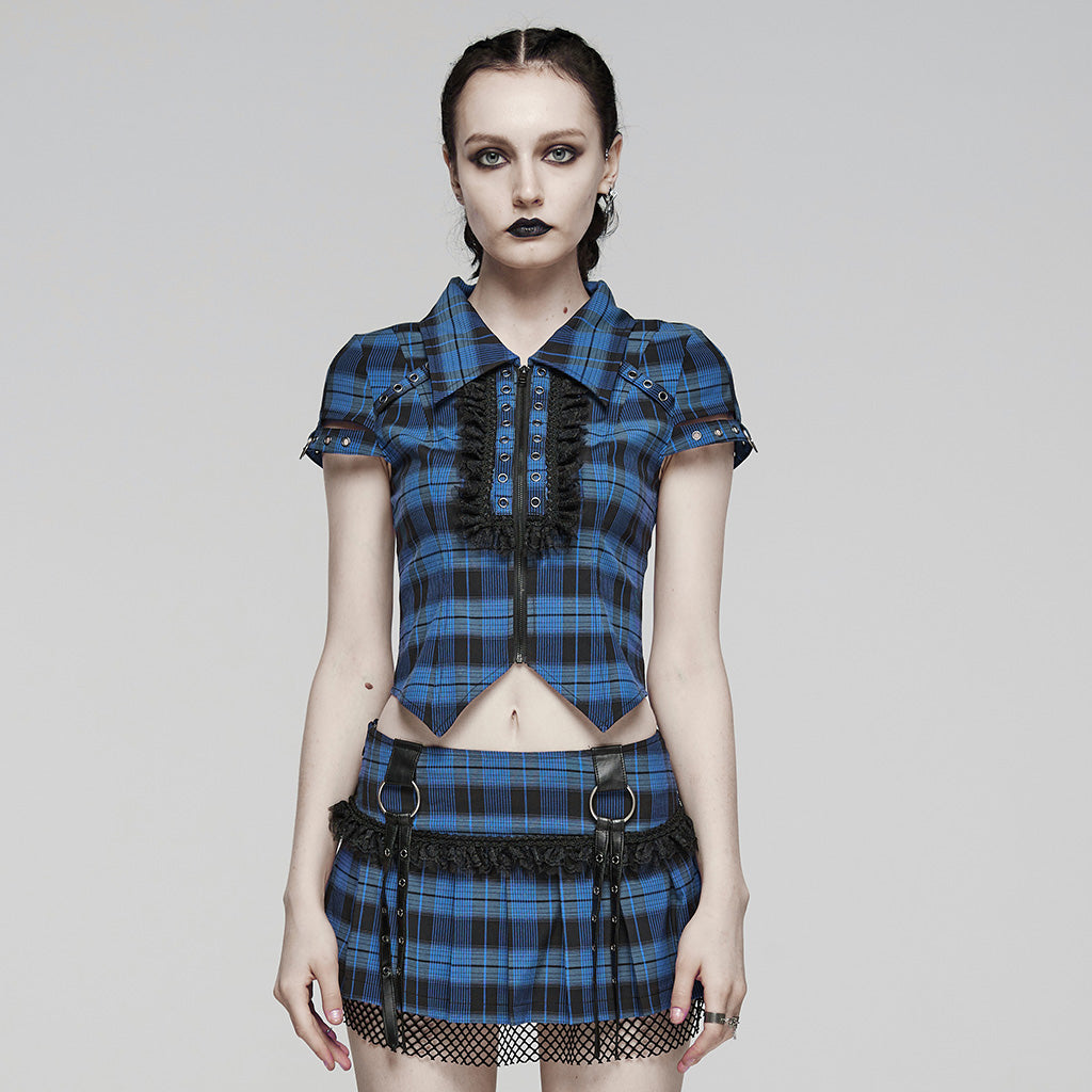 WY-1460DQF Punk Rave Gothic T-Shirt Plaid Crop Top with Studded Details?-??Punk Rave Clothing