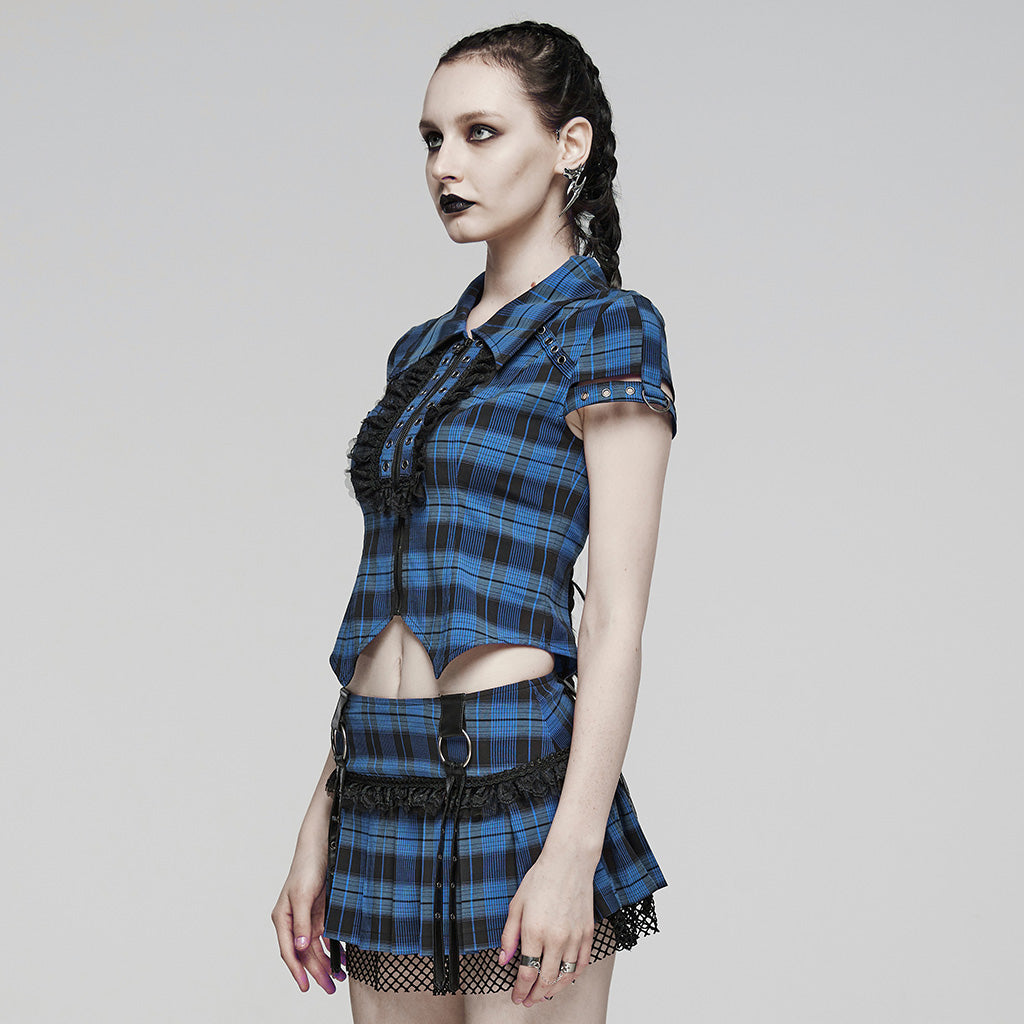 WY-1460DQF Punk Rave Gothic T-Shirt Plaid Crop Top with Studded Details?-??Punk Rave Clothing