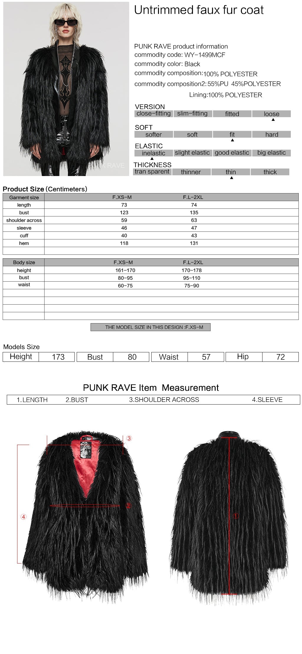 WY-1499 Punk Rave Gothic Faux Fur Coat Shaggy Black Punk Outerwear?-??Punk Rave Clothing