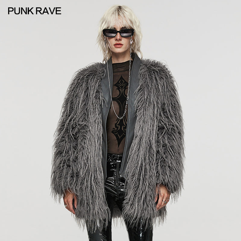 WY-1499 Punk Rave Gothic Faux Fur Coat Shaggy Black Punk Outerwear?-??Punk Rave Clothing