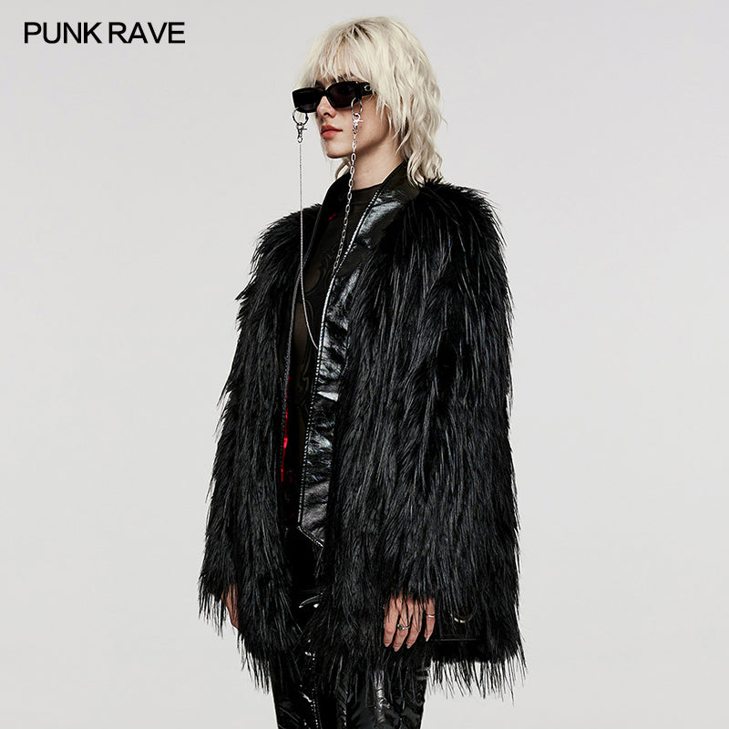 WY-1499 Punk Rave Gothic Faux Fur Coat Shaggy Black Punk Outerwear?-??Punk Rave Clothing