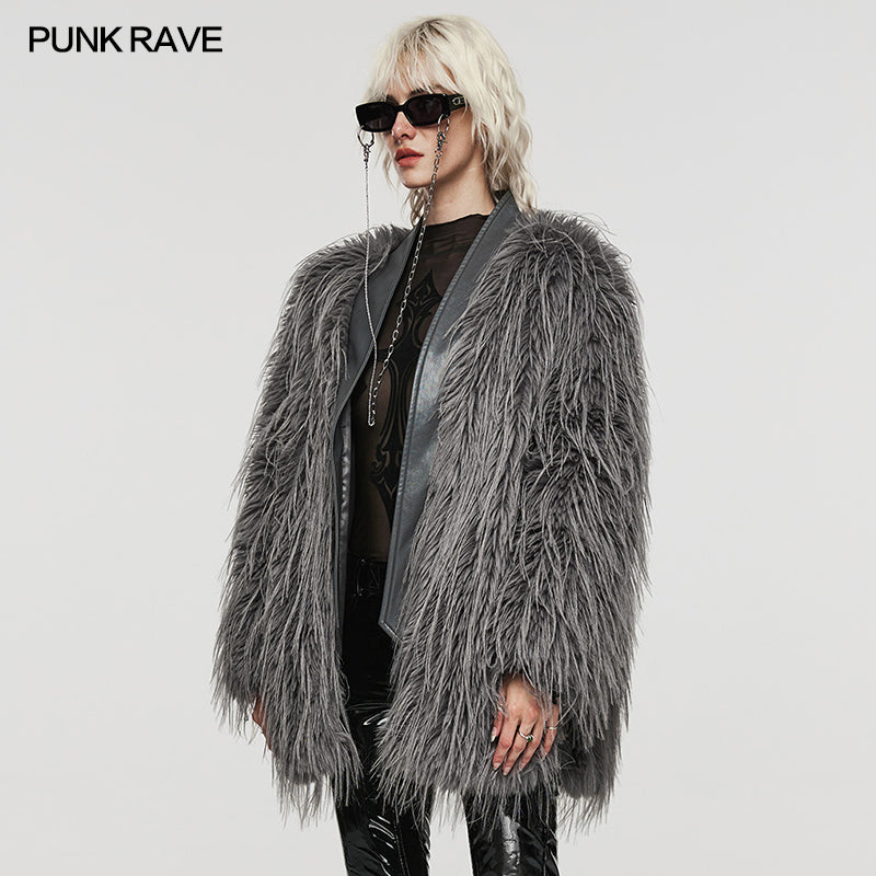 WY-1499 Punk Rave Gothic Faux Fur Coat Shaggy Black Punk Outerwear?-??Punk Rave Clothing