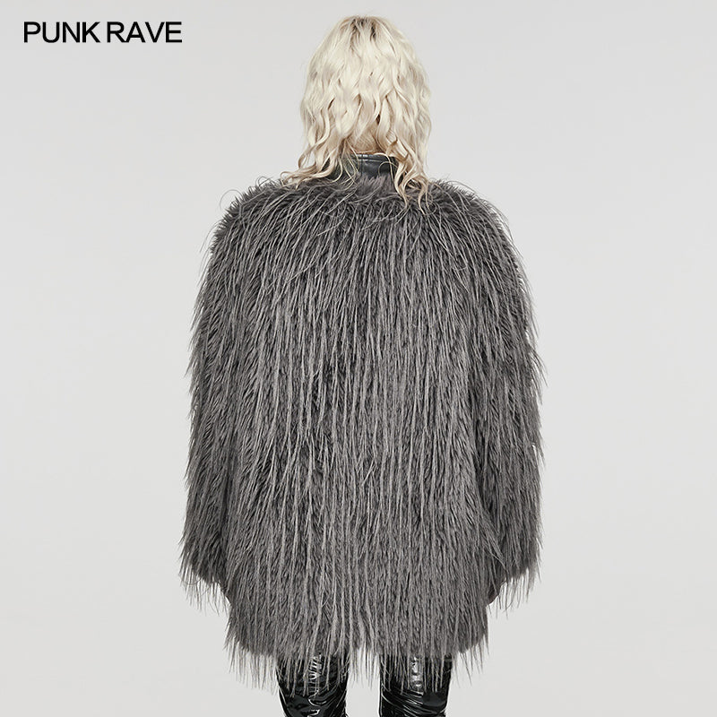 WY-1499 Punk Rave Gothic Faux Fur Coat Shaggy Black Punk Outerwear?-??Punk Rave Clothing