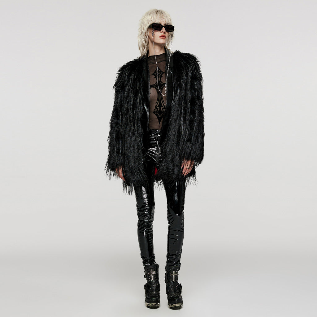 WY-1499 Punk Rave Gothic Faux Fur Coat Shaggy Black Punk Outerwear?-??Punk Rave Clothing