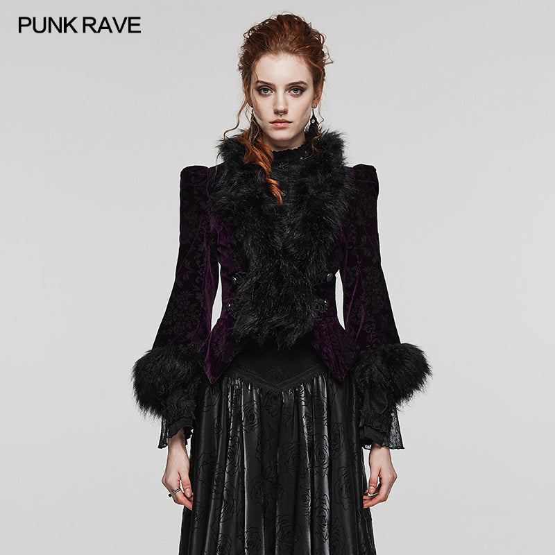 WY-1513XCF Punk Rave Gothic Coat Velvet Faux Fur Trimmed Victorian Style Jacket?-??Punk Rave Clothing