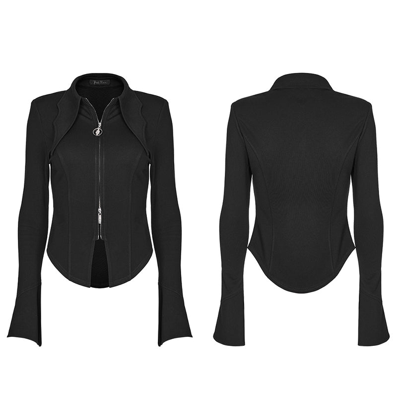WY-1516CCF Punk Rave Gothic Blouse Slim Fit Black Zip-Up Top Bell Sleeve?-??Punk Rave Clothing